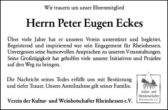 Traueranzeige von Peter Eugen Eckes von Allgemeine Zeitung Bingen/Ingelheim