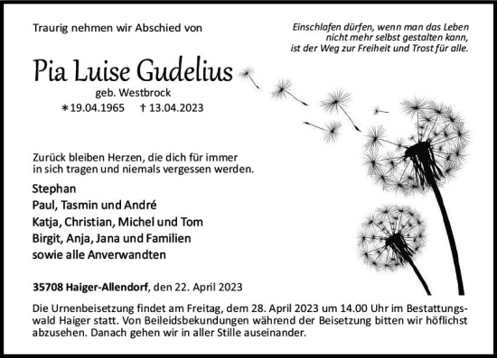Traueranzeige von Pia Luise Gudelius von Dill Block