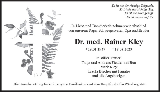 Traueranzeige von Rainer Kley von Allgemeine Zeitung Mainz