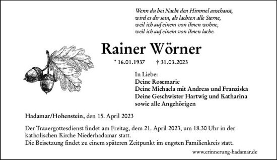 Traueranzeige von Rainer Wörner von Nassauische Neue Presse