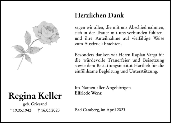 Traueranzeige von Regina Keller von Camberger Anzeiger