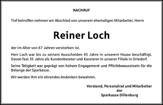 Traueranzeige von Reiner Loch von Dill Block