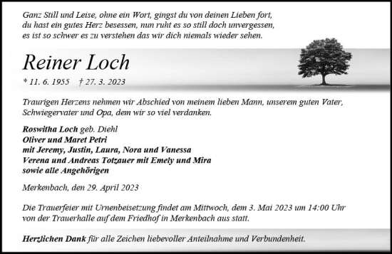 Traueranzeige von Reiner Loch von Dill Block