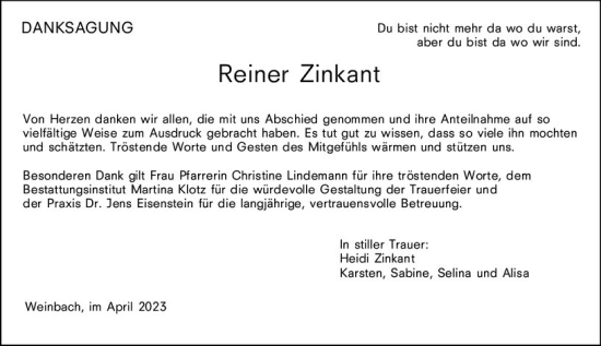 Traueranzeige von Reiner Zinkant von Weilburger Tageblatt