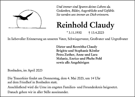 Traueranzeige von Reinhold Claudy von Wetzlarer Neue Zeitung