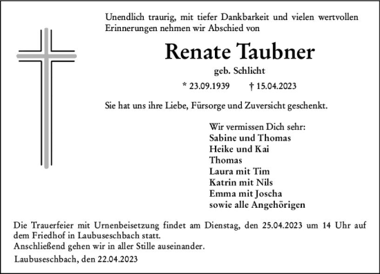Traueranzeige von Renate Taubner von Weilburger Tageblatt