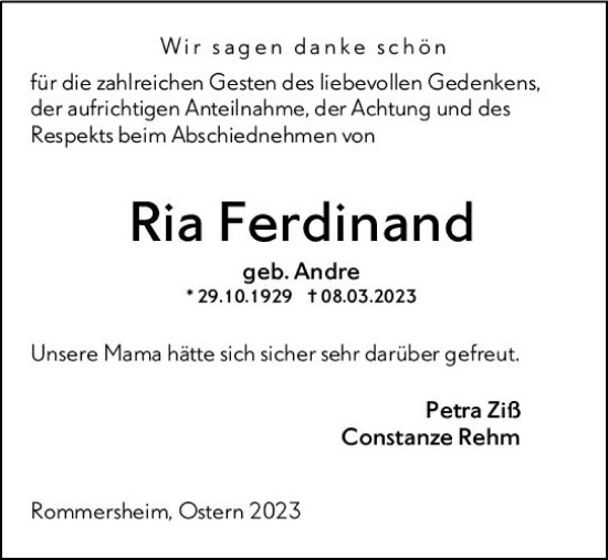 Traueranzeige von Ria Ferdinand von Allgemeine Zeitung Alzey