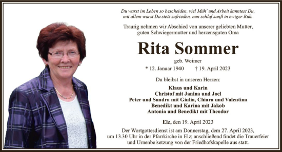 Traueranzeige von Rita Sommer von Nassauische Neue Presse