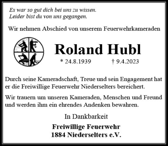 Traueranzeige von Roland Hubl von Camberger Anzeiger
