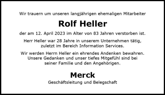 Traueranzeige von Rolf Heller von Darmstädter Echo