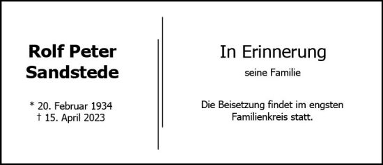 Traueranzeige von Rolf Peter Sandstede von Wiesbadener Kurier