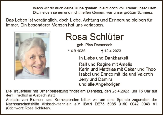 Traueranzeige von Rosa Schlüter von Odenwälder Echo
