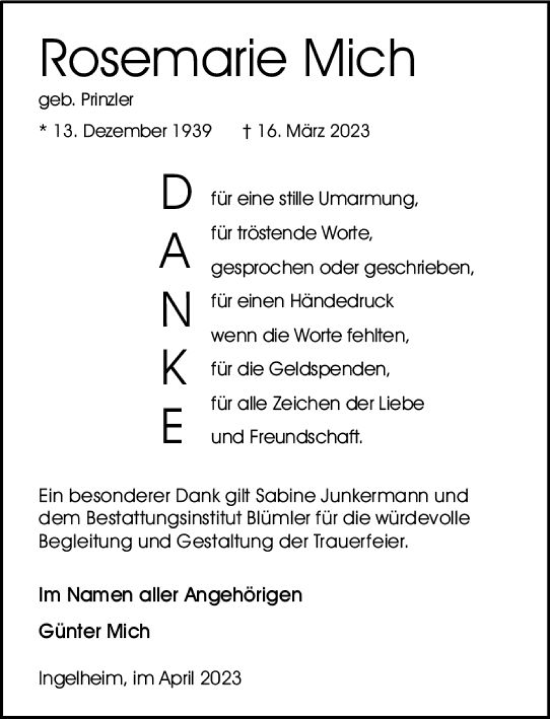 Traueranzeige von Rosemarie Mich von Allgemeine Zeitung Bingen/Ingelheim