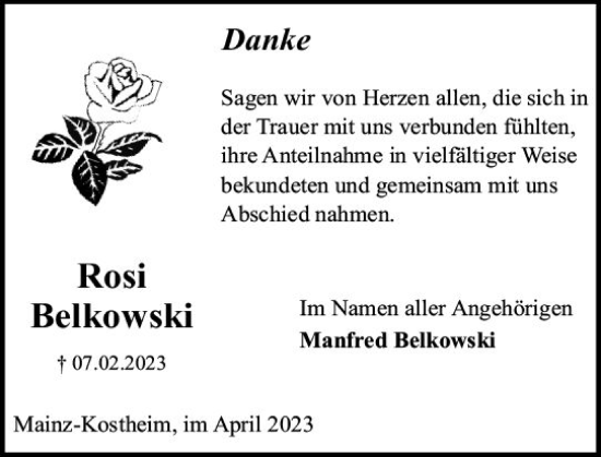 Traueranzeige von Rosi Belkowski von Allgemeine Zeitung Mainz
