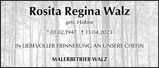 Traueranzeige von Rosita Regina Walz von Allgemeine Zeitung Mainz