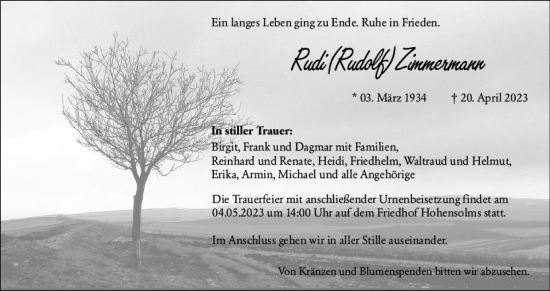 Traueranzeige von Rudi Zimmermann von Wetzlarer Neue Zeitung