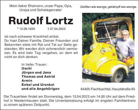 Traueranzeige von Rudolf Lortz von Darmstädter Echo
