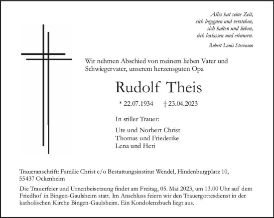 Traueranzeige von Rudolf Theis von Allgemeine Zeitung Bingen/Ingelheim