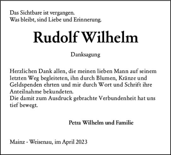 Traueranzeige von Rudolf Wilhelm von Allgemeine Zeitung Mainz