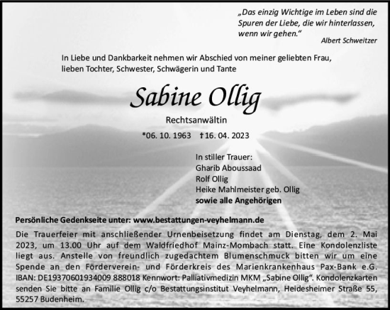 Traueranzeige von Sabine Ollig von Allgemeine Zeitung Bingen/Ingelheim