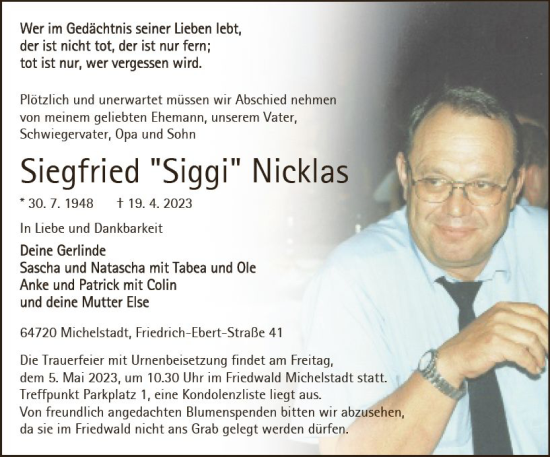 Traueranzeige von Siegfried Nicklas von Odenwälder Echo