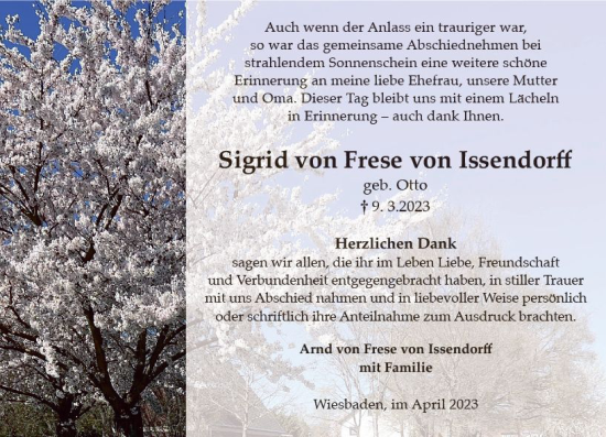 Traueranzeige von Sigrid von Frese von Issendorff von Wiesbadener Kurier