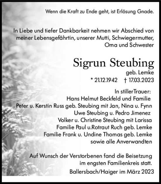 Traueranzeige von Sigrun Steubing von Dill Block