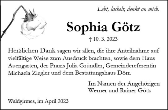 Traueranzeige von Sophia Götz von Wetzlarer Neue Zeitung