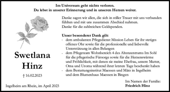 Traueranzeige von Swetlana Hinz von Allgemeine Zeitung Bingen/Ingelheim