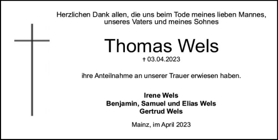 Traueranzeige von Thomas Wels von Allgemeine Zeitung Mainz