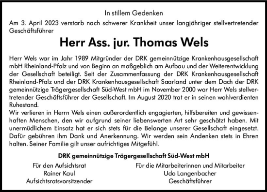 Traueranzeige von Thomas Wels von Allgemeine Zeitung Mainz