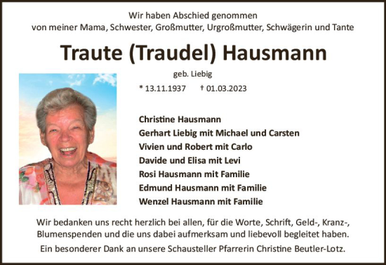 Traueranzeige von Traute Hausmann von Darmstädter Echo