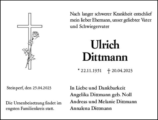 Traueranzeige von Ulrich Dittmann von Hinterländer Anzeiger