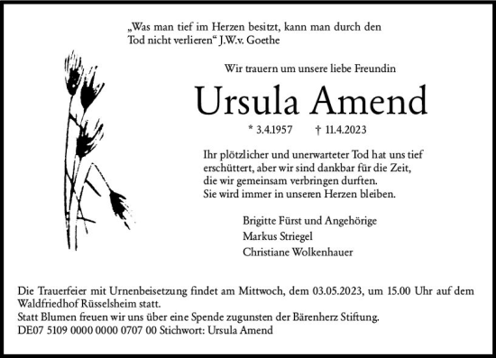 Traueranzeige von Ursula Amend von Rüsselsheimer Echo
