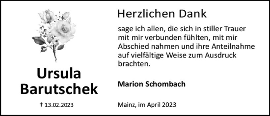 Traueranzeige von Ursula Barutschek von Allgemeine Zeitung Mainz