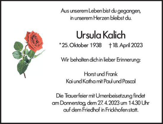 Traueranzeige von Ursula Kalich von Nassauische Neue Presse