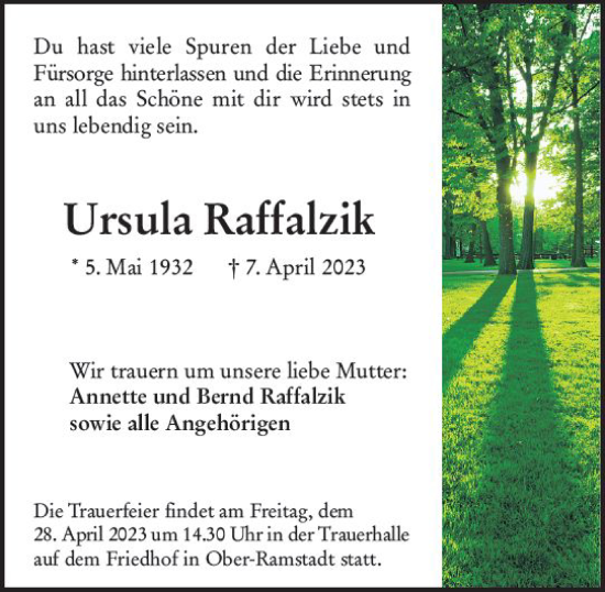 Traueranzeige von Ursula Raffalzik von Darmstädter Echo