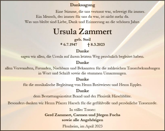 Traueranzeige von Ursula Zammert von Allgemeine Zeitung Alzey