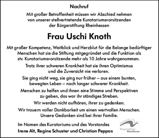 Traueranzeige von Uschi Knoth von Allgemeine Zeitung Mainz