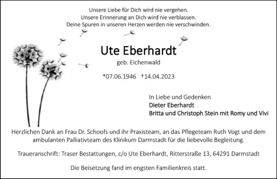 Traueranzeige von Ute Eberhardt von Darmstädter Echo