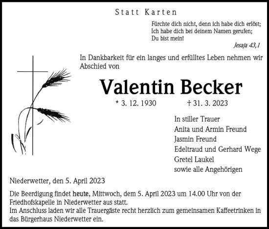 Traueranzeige von Valentin Becker von Hinterländer Anzeiger