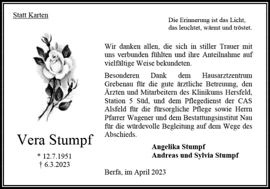 Traueranzeige von Vera Stumpf von Oberhessen Kurier
