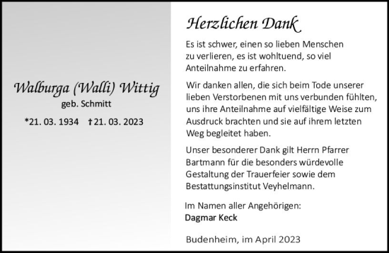 Traueranzeige von Walburga Wittig von Allgemeine Zeitung Mainz