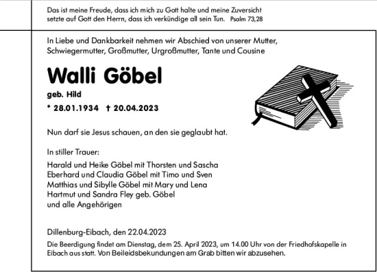 Traueranzeige von Walli Göbel von Dill Block