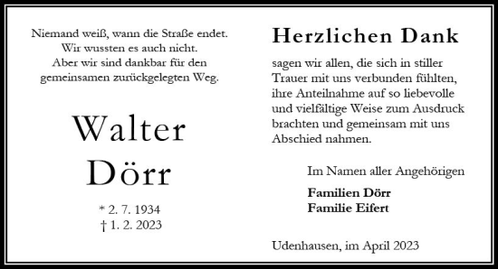 Traueranzeige von Walter Dörr von Oberhessen Kurier