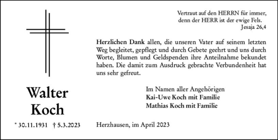 Traueranzeige von Walter Koch von Hinterländer Anzeiger
