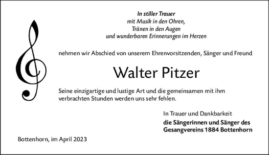 Traueranzeige von Walter Pitzer von Hinterländer Anzeiger