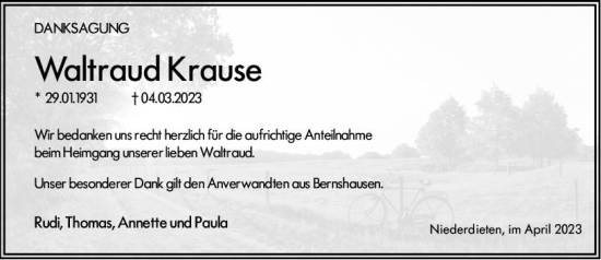 Traueranzeige von Waltraud Krause von Hinterländer Anzeiger