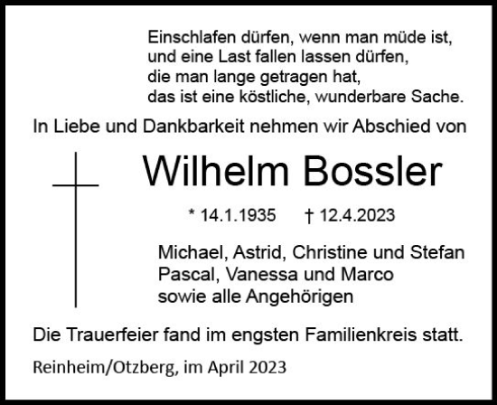 Traueranzeige von Wilhelm Bossler von Darmstädter Echo
