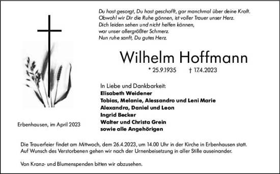 Traueranzeige von Wilhelm Hoffmann von VRM Trauer